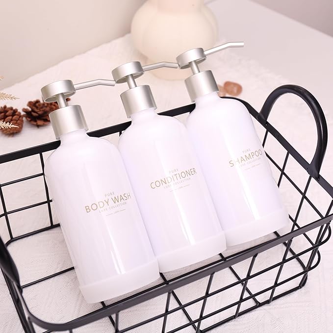 Janxin Shampoo and Conditioner Dispenser Set of 3,Refillable 21oz Shampoo Bottles with Non-Slip Protective Silicone Pad,Shower Soap Dispenser with Waterproof Labels for Bathroom (White)