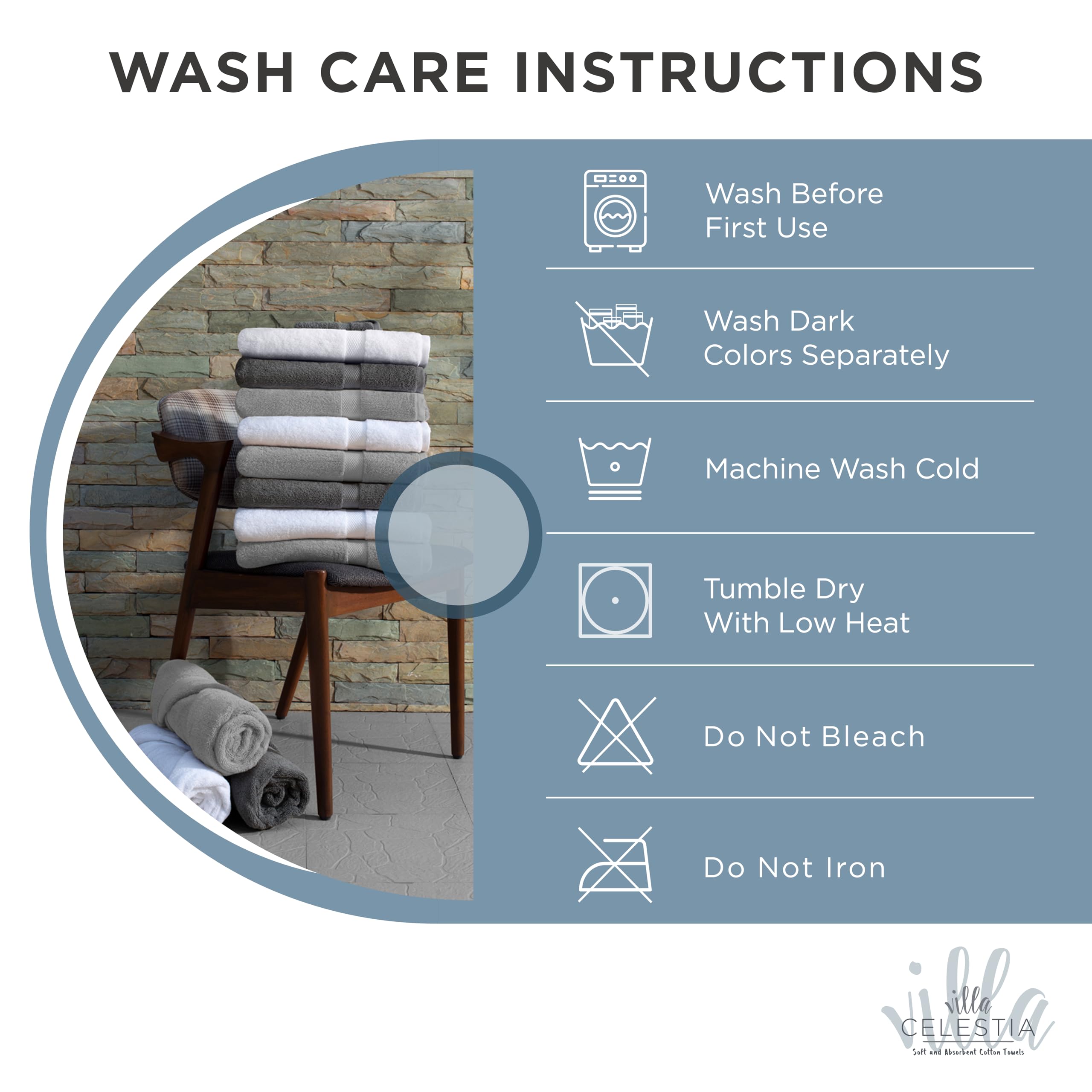 Villa Celestia Cotton Hand Towels Set of 4, 16 x 28, Oeko-TEX Certified, Quick Dry, Blue