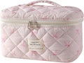 uekeboag Large Travel Quilted Makeup Bag for Women, Floral Cotton Cosmetic Bag, Coquette Aesthetic Floral Toiletry Organizer Bag(18Small Pink Bow