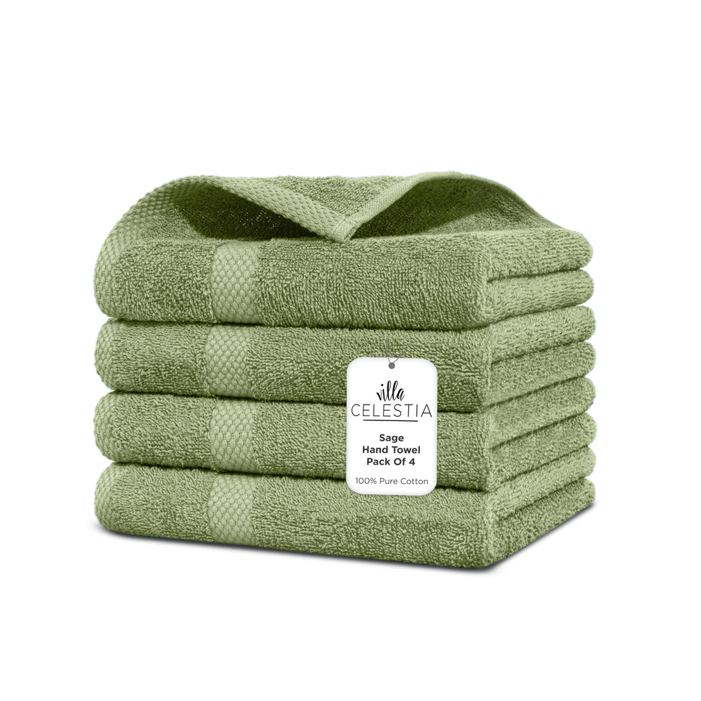 Villa Celestia Cotton Hand Towels Set of 4, 16 x 28, Oeko-TEX Certified, Quick Dry, Sage