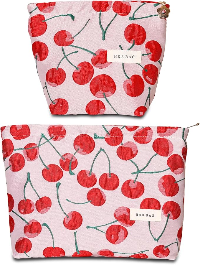 BOCGRPU Make up Bag 2 Piece Set, Aesthetic Cherry Print Cosmetic Travel Bag for Purse, Cute Vintage Floral Toiletry Pouch, Lightweight Spacious Skincare Organizer Gifts for Women Girls