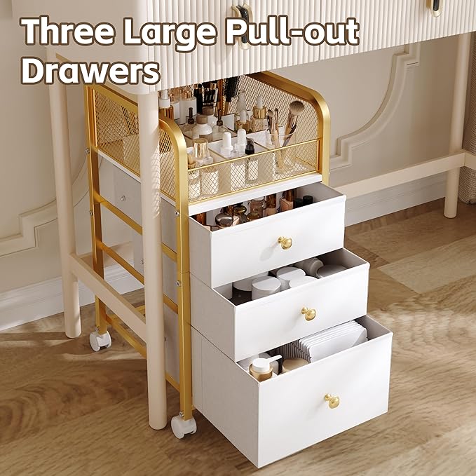 ZQUYAJ Rolling Makeup Organizer Cart with 3 Drawers Under Desk Storage