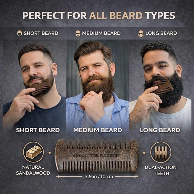 Sandalwood Beard Comb with Protective Case - Anti-Static Dual Action Fine & Coarse Teeth - Pocket Size Beard Grooming Tool for Men