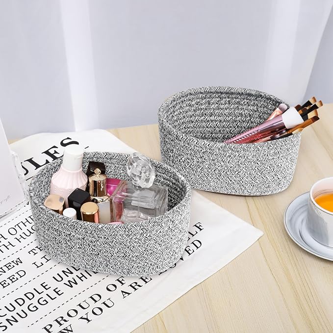【2 Pack】ABenkle Small Woven Baskets, Tiny Oval Shallow Storage Baskets, Mini Cotton Rope Empty Decorative Basket, Boho Little Organizer Bins for Bathroom, Cat Dog Toy Gifts Baskets
