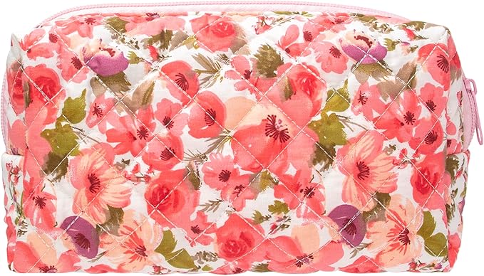 PAZIMIIK Small Quilted Makeup Bag,Zipper Cosmetic Pouch,Floral Red