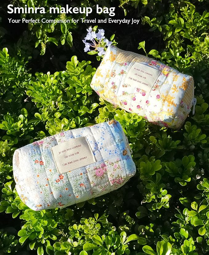 Sminra Floral Makeup Bag Pouch - Small Quilted Cosmetic Organizer for Travel Daily, Aesthetic Cottagecore Cotton Toiletry Pencil Purses with Zipper, Portable Gift for Women Girls (Blue Floral-S)