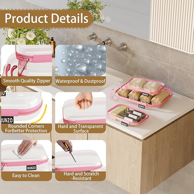 iRUNZO 3 PCS Clear Hard Shell Zipper Case With Handle Strap，Clear Plastic Waterproof Cosmetic Makeup Bags Toiletry Pouches for Travel With Double Zipper，Kid's Toy Storage Organizer Bins Box