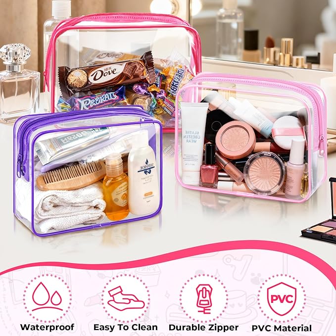 CHICAUP 6 Pieces Clear Makeup Bags Bulk TSA Approved Toiletry Bag for Travel PVC Waterproof Clear Cosmetic Pouch with Zipper for Men and Women Carry-on Travel Essentials (Rose Red)