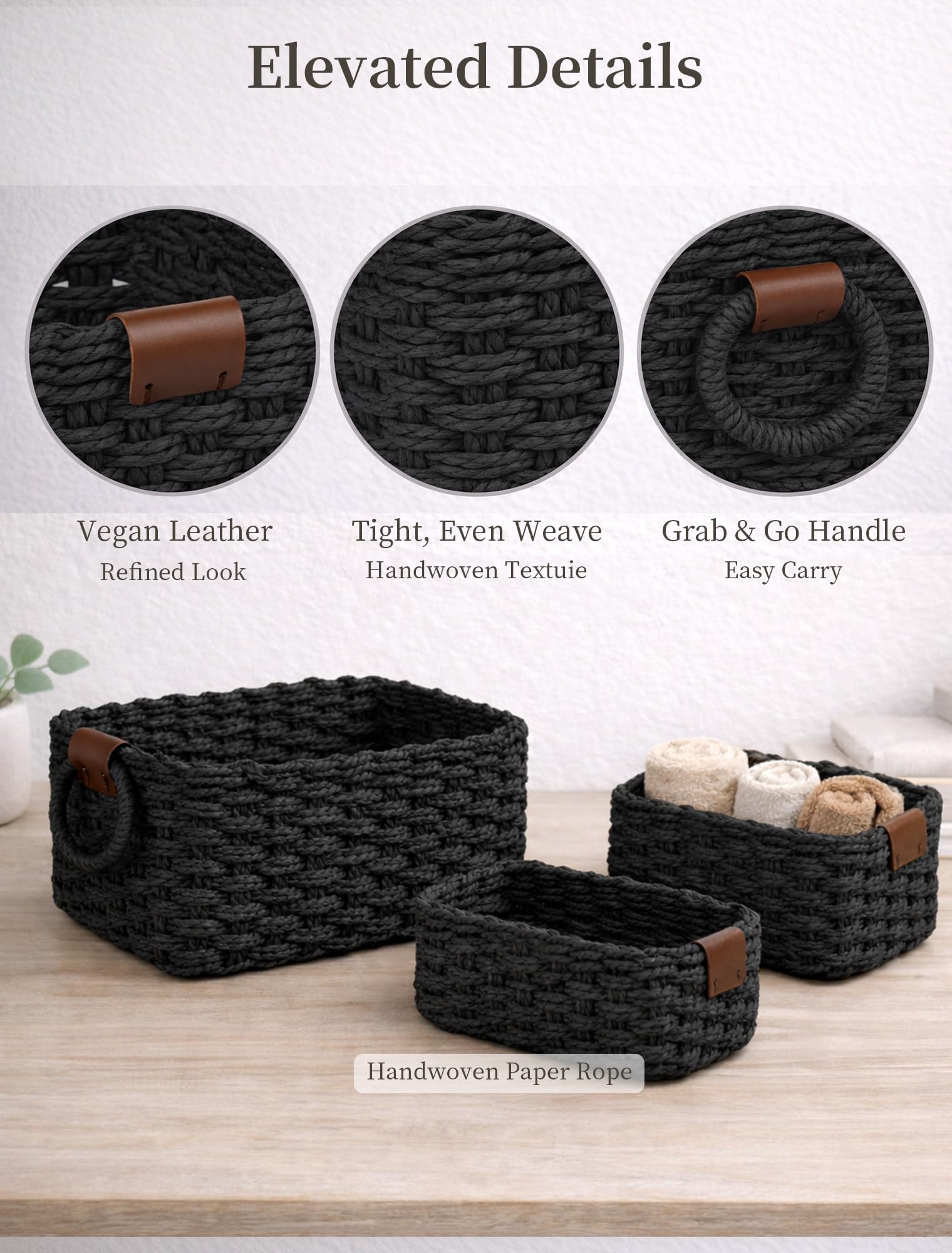 Panovox Small Wicker Baskets, 3 PCS Paper Rope Baskets for Shelves, Black