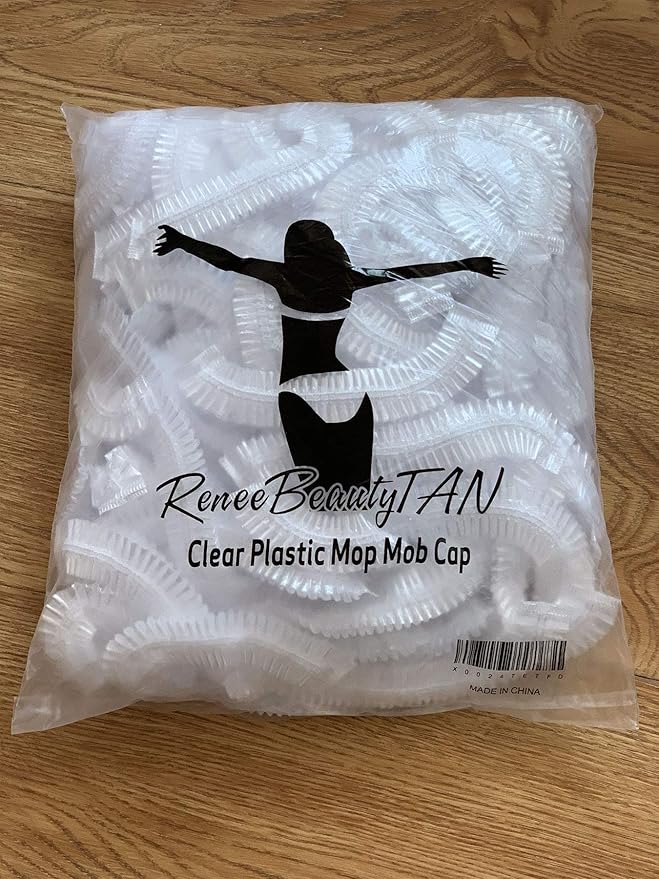 100 Disposable Clear Mop Mob Caps Clipped Hair Head Cover Shower Cap Plastic for Beauty Salon,Food Service,Hospitals,Laboratories,Manufacturing or Spray Tanning