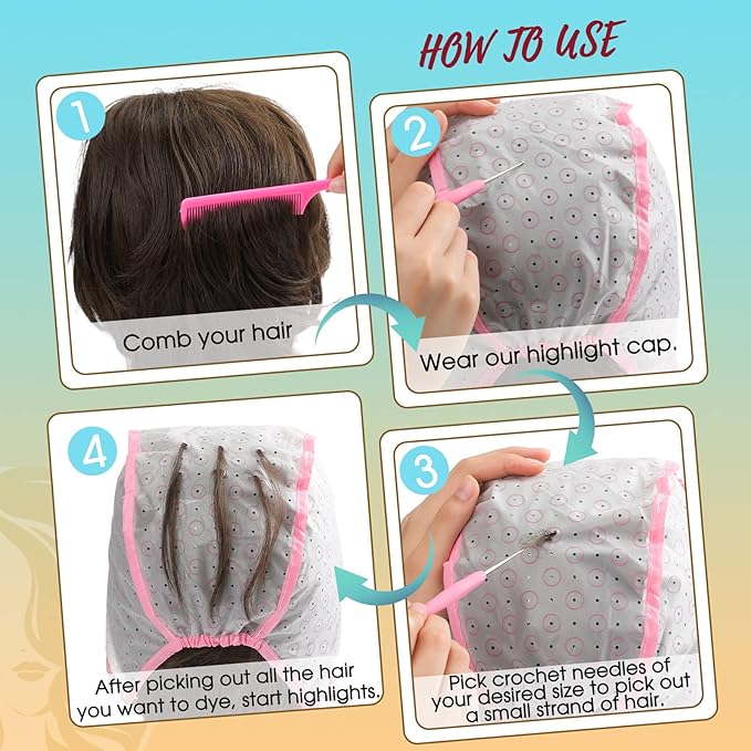 27 Pcs Hair Highlighting and Coloring Kit, Include 6 Highlight Cap for Hair Dying Coloring Frosting Caps 6 Dye Shawl 6 Pair Gloves 3 Dye Brush 4 Needle 2 Rat Tail Comb for Salon Hairdressing