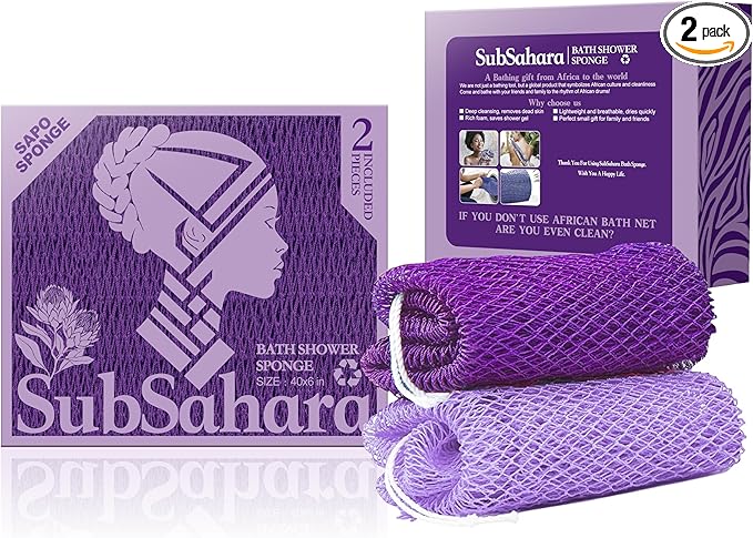 SubSahara Authentic African Net Sponge, 4 Pack 45-Inch Exfoliating Bath Sponge and Shower Loofah for Body and Back, Colorfast Quick-Dry Knotted Mesh Scrubber with Travel Pouch