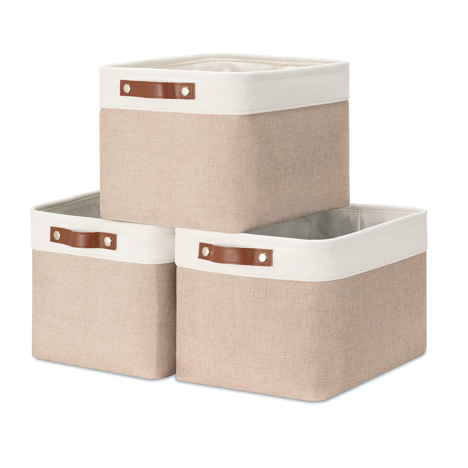 HNZIGE Fabric Storage Baskets for Shelves, Large Collapsible Storage Baskets for Organizing, Decorative Baskets Bins Set with Handles for Closet, Clothes,Home (3 Pack, White&Khaki,15" x 11" x 9.5")