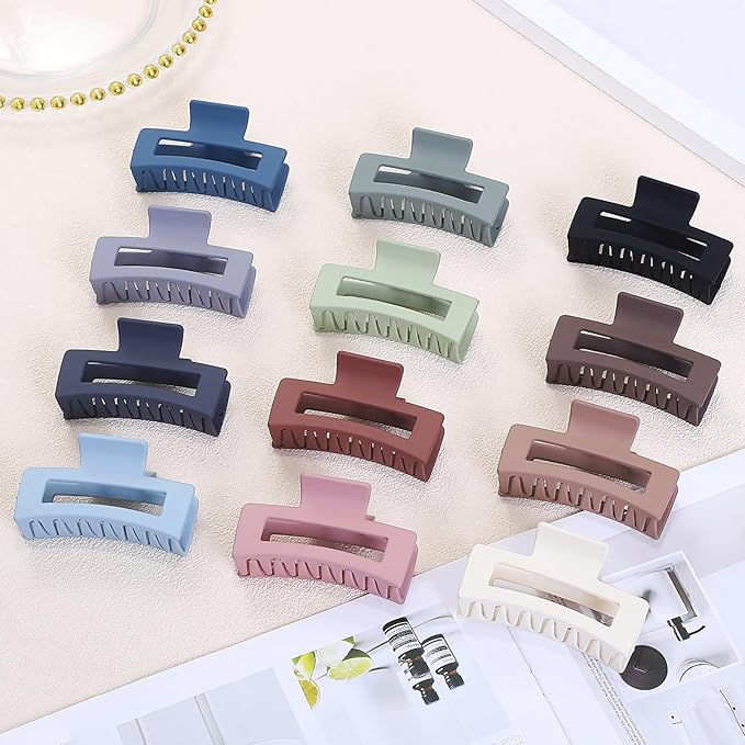 Sisiaipu Hair Accessories - 12 Pcs 3.5 Inch Square Rectangle Jaw Clips for Women and Girls, Multicolor, Thick and Thin Hair