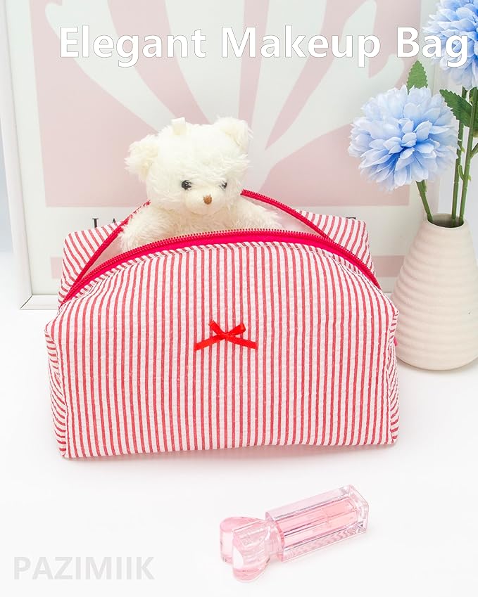PAZIMIIK Cozy Makeup Bag for Women,Zipper Cosmetic Pouch,Stripe Red,6 Pack