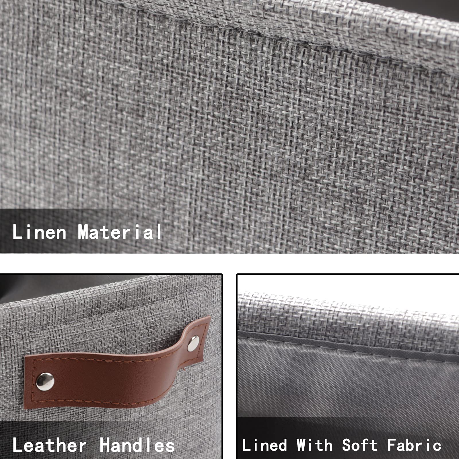 HNZIGE Foldable Fabric Storage Baskets (6pack), Empty Gift Baskets with Leather Handles, Decorative Organizers for Closet (Gray, 11.8" x 7.8" x 5.1")