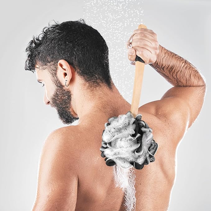 FORENEE Black Loofah on a Stick, PE Mesh Back Scrubber with Wood Handle