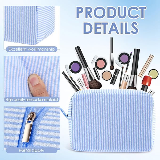 Sanwuta Seersucker Cosmetic Bag Bulk Striped Makeup Bag for Women Aesthetic Cute Travel Toiletry Organizer Preppy Storage Pouch for Wedding Bridesmaid Mother's Day Teacher Gift(Large,Light Blue,6)