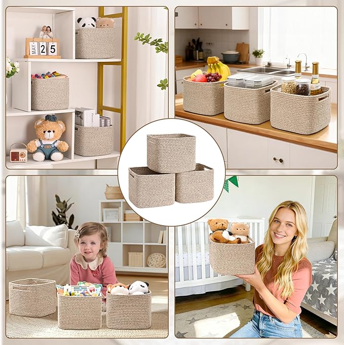 3 Pack Cube Storage Bin, 9”x9”x7” Cotton Rope Woven Baskets for Organizing Toys Clothes Towels, Square Gift Storage Baskets for Shelf, Nursery, Closet, Bathroom, Pantry (Jute)