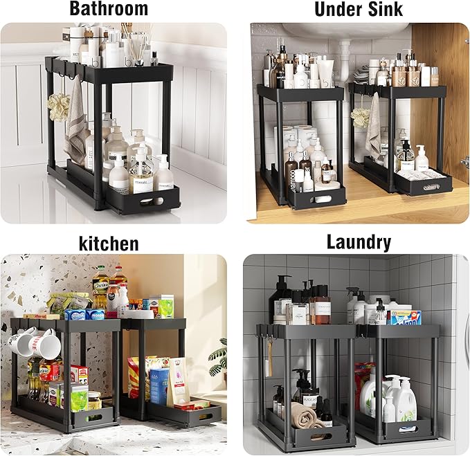 POUGNY 2 Pack Pull-Out Storage Organizers, Under Sink Organizer and Storage for Bathroom & Kitchen,Multi-Purpose Under Cabinet Organizers and storage Black