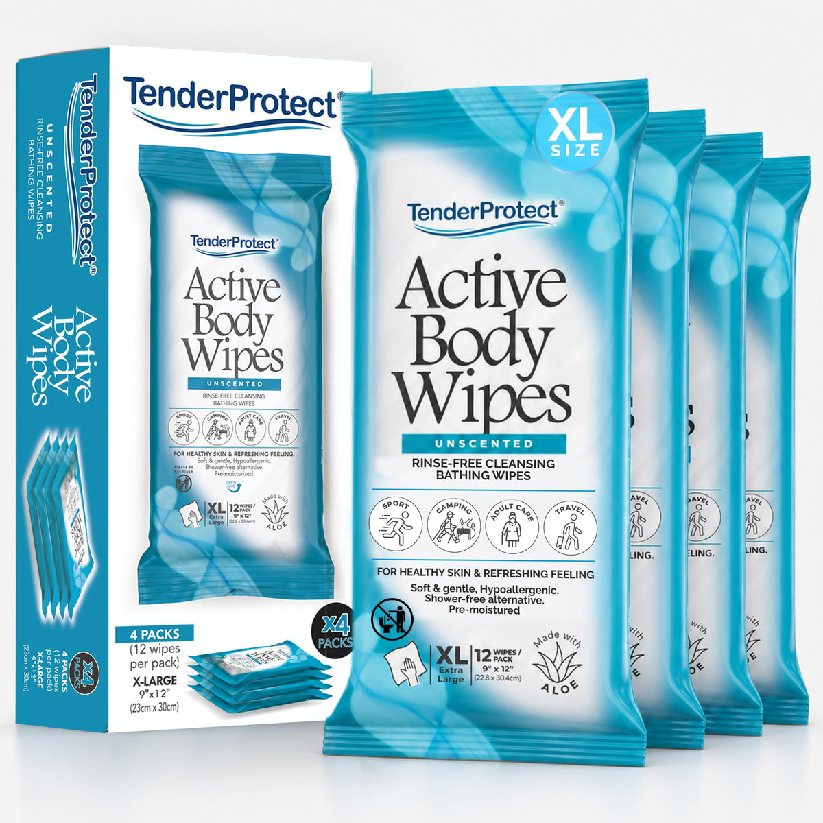 TenderProtect Active Body Wet Wipes for Adults – 9"x12", Unscented 48 Count