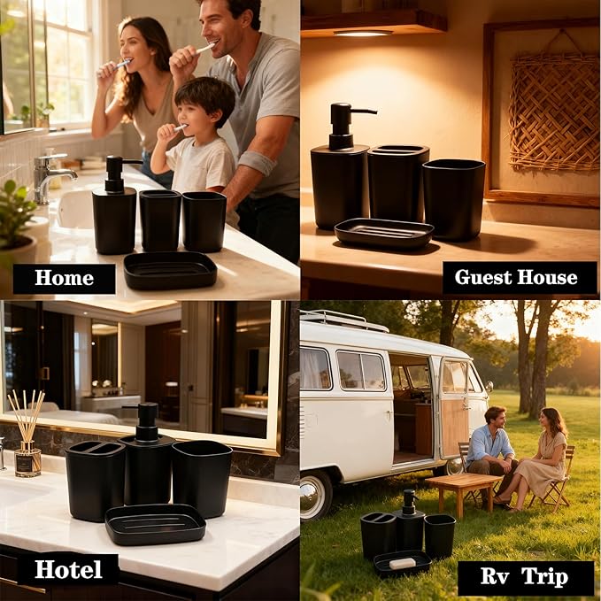 LGURT Matte Black Bathroom Decor Set – 4-Piece Plastic Modern Bathroom Accessories Set with Soap Dispenser, Toothbrush Holder, Rinse Cup & Soap Dish. Countertop Organizer for Home Bathroom Decor