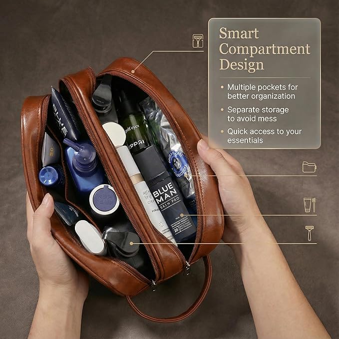 Men’s Toiletry Bag Travel Dopp Kit – double-deck Leather Water-Resistant Shaving Organizer Large Capacity, Double Compartments & Inner Pockets for Grooming, Bathroom & Gym Trip Toiletry Case(Black)