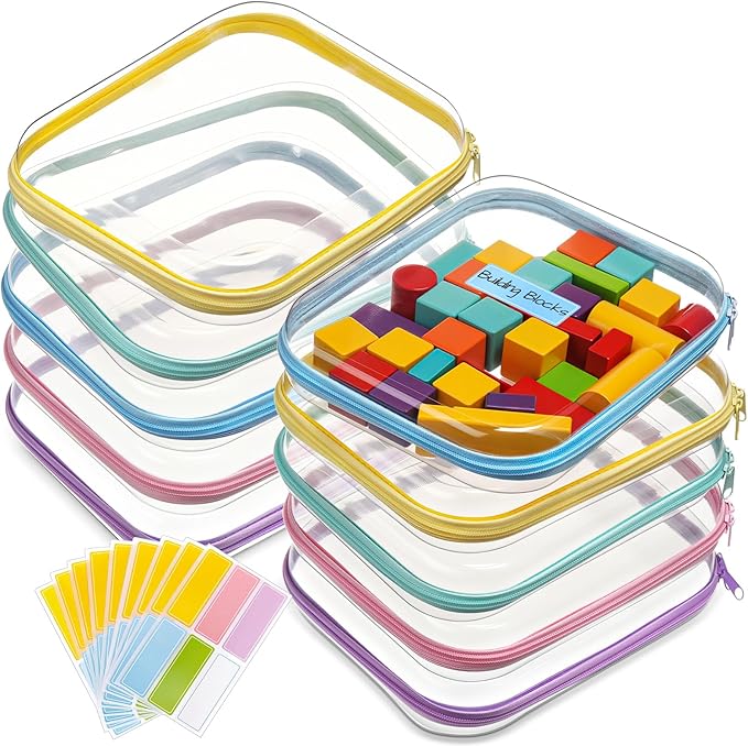 Sanwuta 10 Pcs Hard Zipper Case Clear Hard Pouches Plastic Zipper Pencil Portable Box Toy Storage Bins Plastic Container for Travel Toiletry Office Cosmetic Block Puzzle Organizer (M,Macaron Color)
