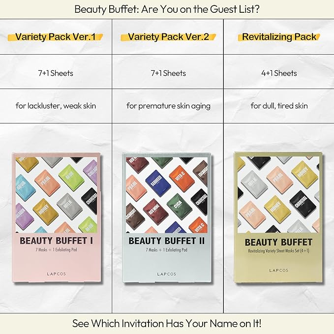 LAPCOS K Beauty Daily Sheet Mask Variety Pack 7+1 (Version 1) - K Beauty Face Masks to Hydrate, Clarify, Nourish, Gently Exfoliate & Renew Skin - Breathable Sheet & Pads - Korean Skin Care (Pack of 8)