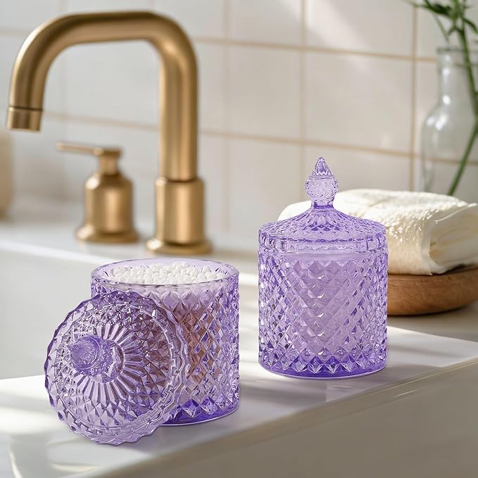 rejomiik 2 Pack Qtip Holder Apothecary Jars with Lid, Thick Glass, Purple