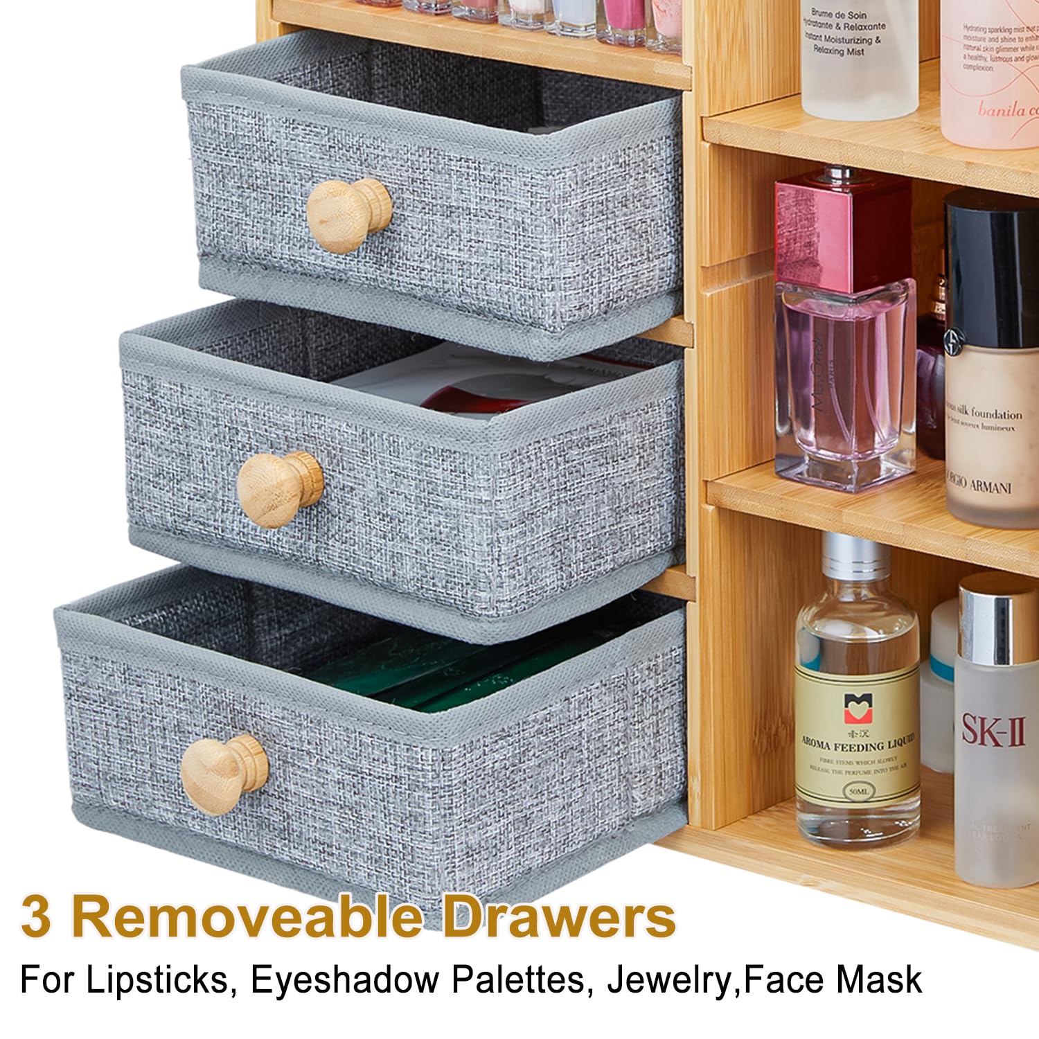 Large Makeup Organizer For Vanity, Large Capacity 3 Tiers Bamboo Bathroom Counter Organizers and Storage, Countertop Makeup Brush Holder, Nail Polish Perfume Stand with 3 Drawers and 10 Compartments