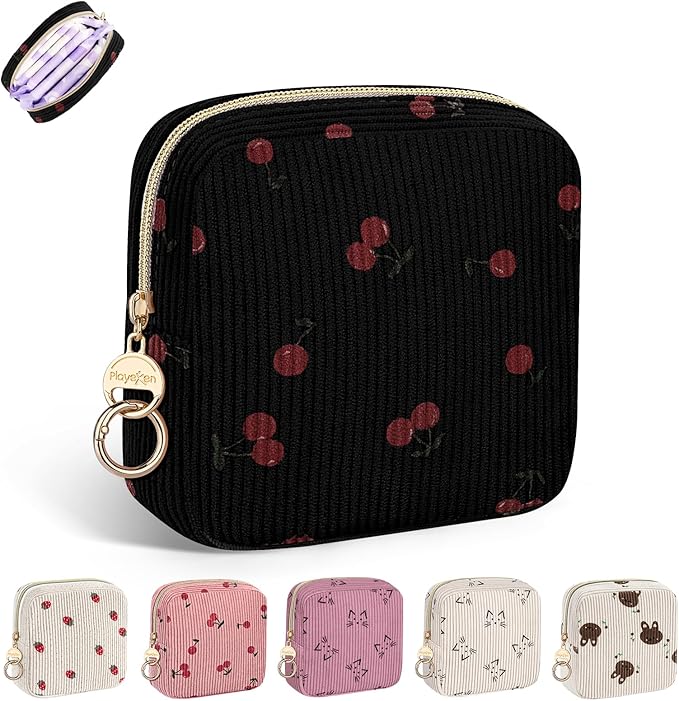 Period Bag for Teen Girls, Corduroy Cherrys Sanitary Napkin Storage Bag, Cute Menstrual Pad Pouch Tampon Holder for Purse (Cherry-Black)