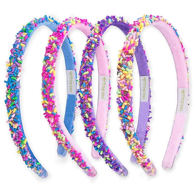 FROG SAC 4 Thin Headbands for Girls - Sequin Headband Set for Kids, Sprinkle Hair Bands for Children, Cute Sparkly Glitter Girl Non Slip Headband, Toddler Hair Accessories (Multicolor Sprinkles, Kids)