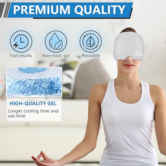 Migraine Relief Cap, All Around Gel Covered Reusable Headache Relief Cap, Black Migraine Cap for Headache Relief, Puffy Eyes (Gray)