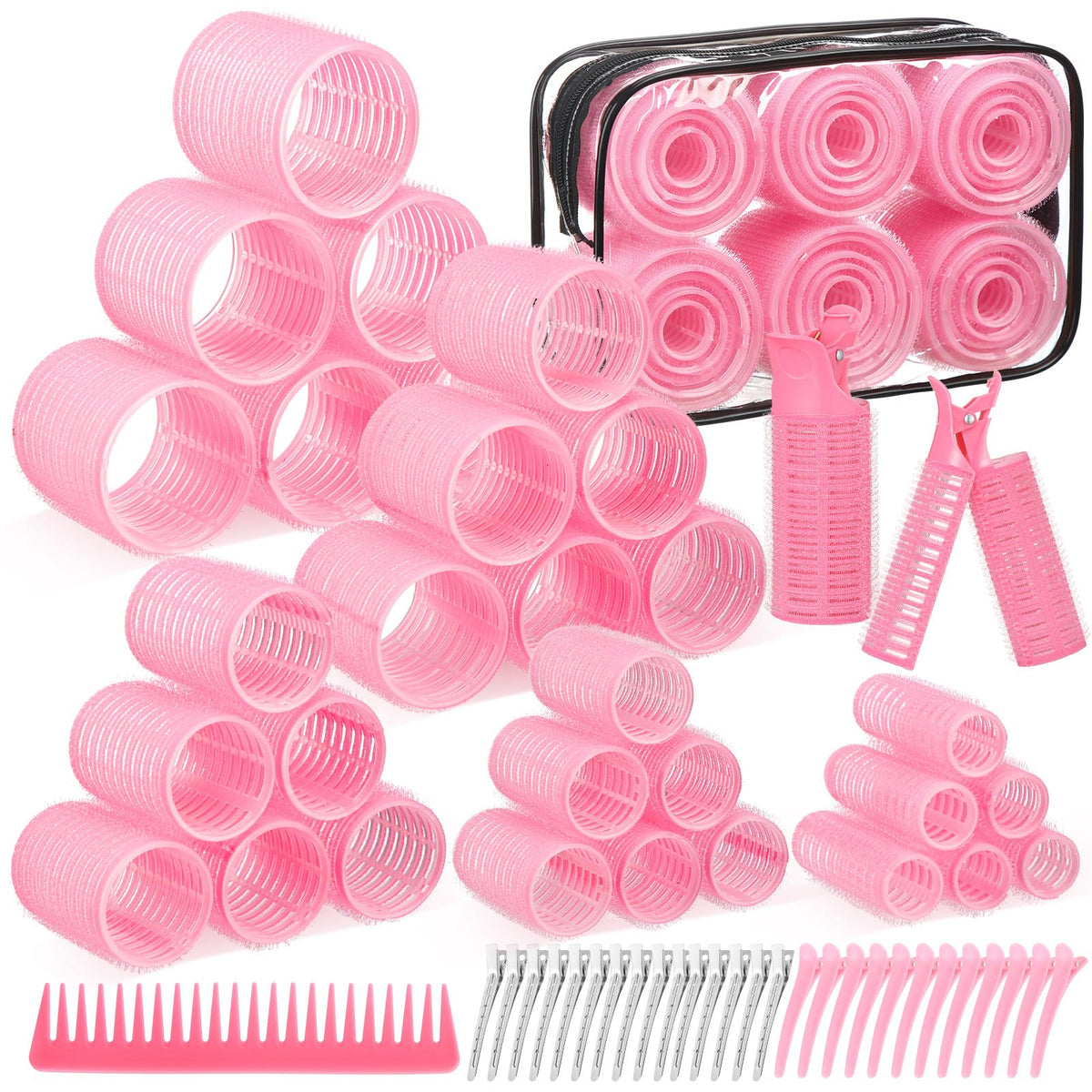 64 PCS Travel Hair Rollers Set for Women - 5 Sizes Self Grip Curlers with 2 Volumizing Roller Clips, 30 Pcs Clips & Comb in Portable Makeup Bag for Long/Medium/Short Hair & Bangs, Pink