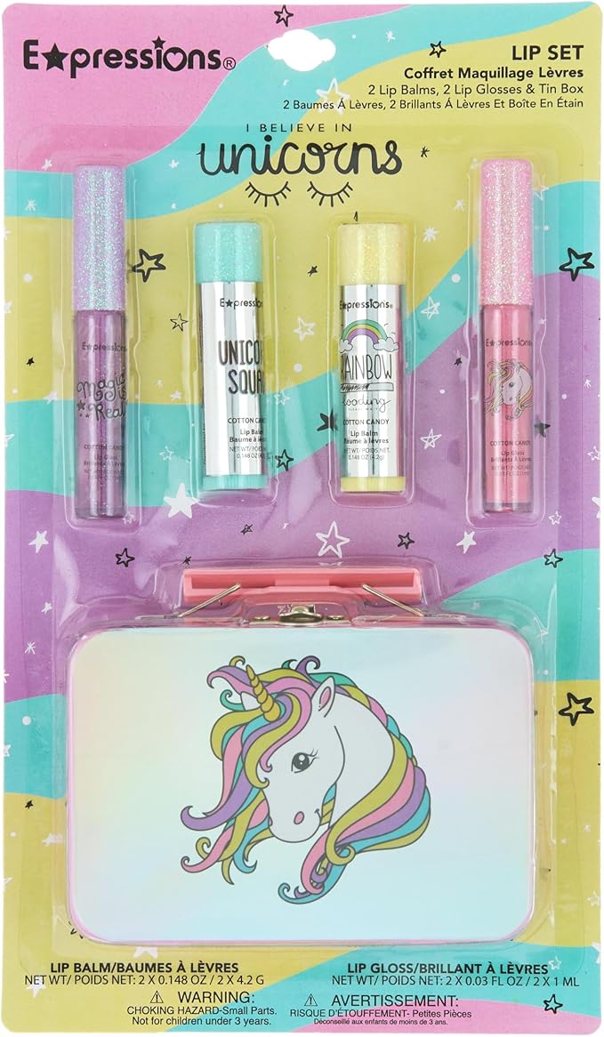 5pc Unicorn Holographic Lip Kit for Kids -Lip Glosses & Balms with Tin–Cute