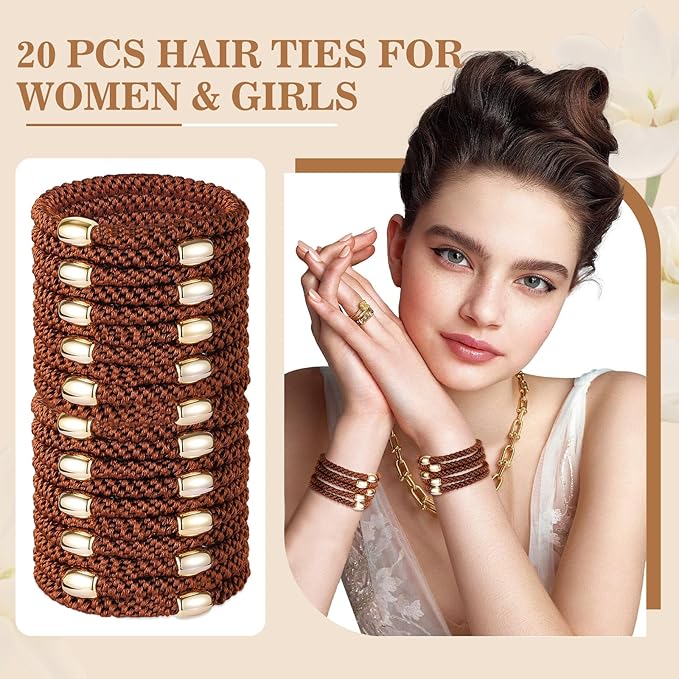 Hair Ties No Damage - 20PCS Ponytail Holders - Elastic Hair Ties for Thick Hair - Braided Hair Bands for Women Girls's Hair - Brown