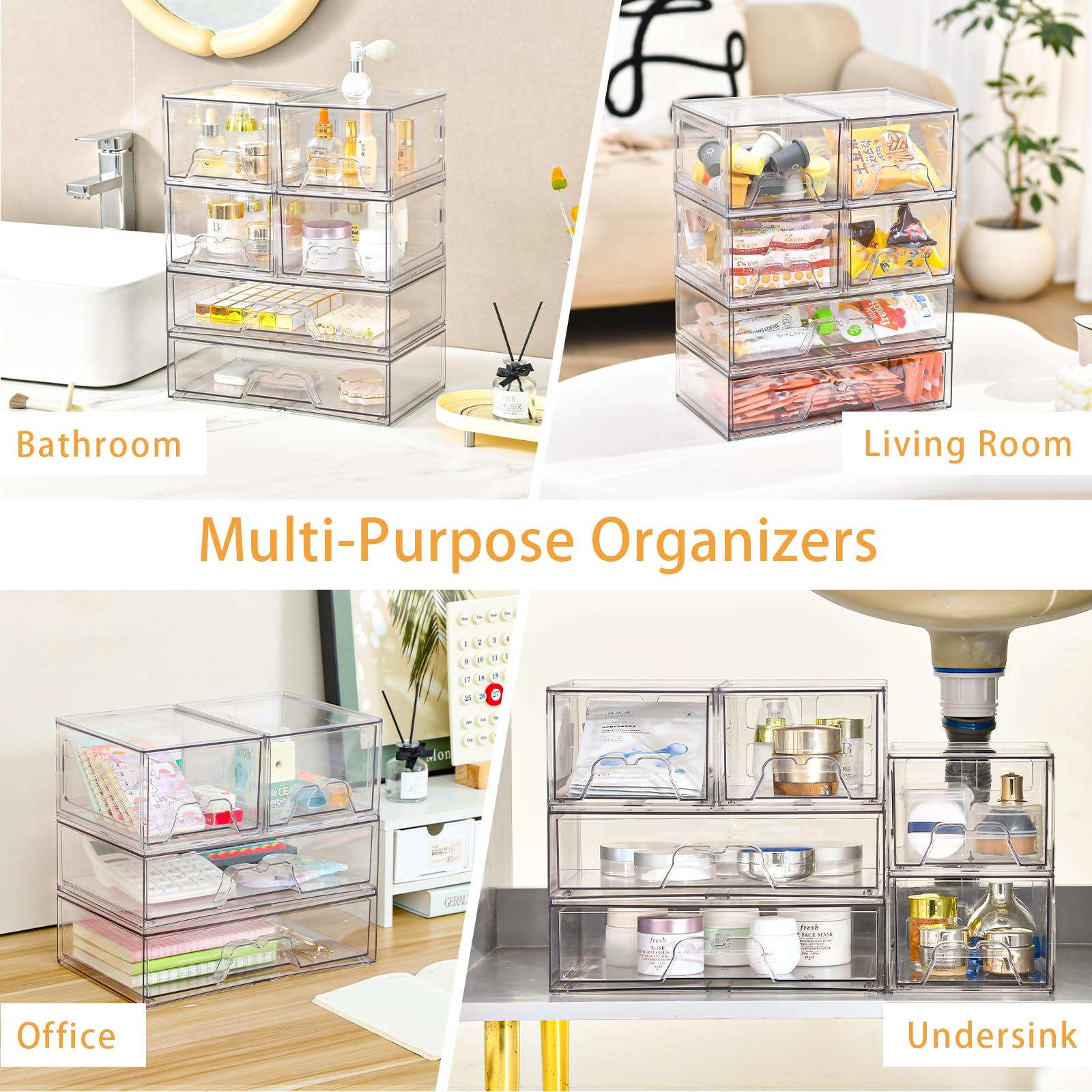 4 Pack Stackable Storage Drawers, Clear Acrylic Organizer, Makeup Organizer