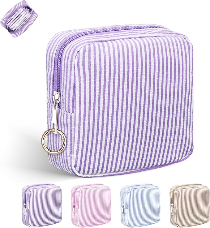 Period Bag for Teen Girls, Stripes Sanitary Napkin Storage Bag with Ring Buckle, Menstrual Pad Pouches Tampon Holder for Purse (Purple)