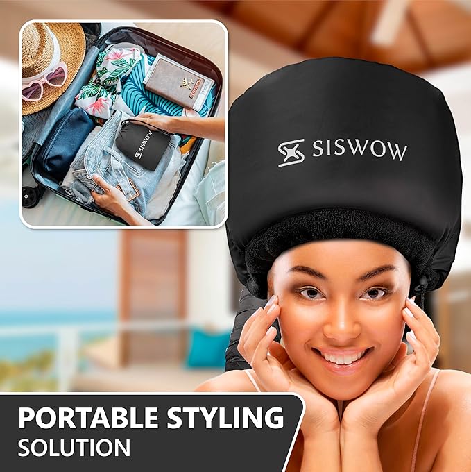 SISWOW 2-in-1 Curl Plopping Cap & Hooded Bonnet Hair Dryer Attachment, Define Curls & Reduce Frizz While You Dry, Hands-Free Diffuser Set for Wavy & Curly Hair, Net Plopping Cap + Headband + Bag