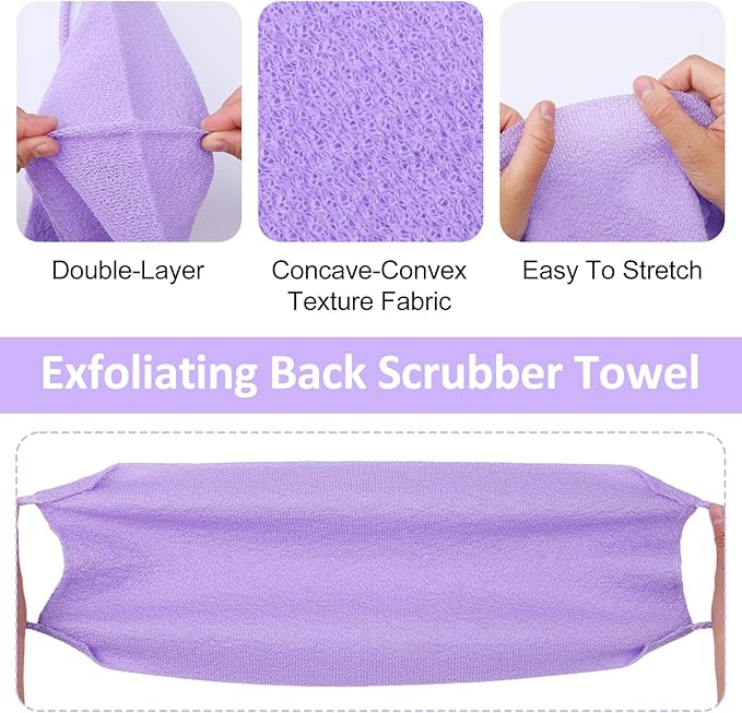 DOPENSPI 4PCS Exfoliating Back Scrubber with Handles, Nylon Double-Sided Exfoliator Extended Length Stretchable Body Exfoliating Washcloth Pull Strap Back Washer for Women Men(B)