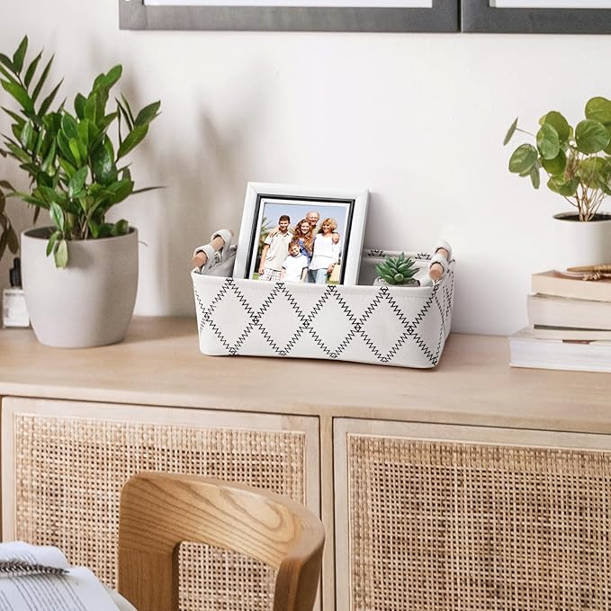 Toilet Tank Basket for Bathroom Storage - Holds 2-4 Toilet Paper Rolls, Small Decorative Basket with Wood Handles, Collapsible Organizer for Countertop, Shelf, Boho Home Décor, 14"x6.3"x3.9", White