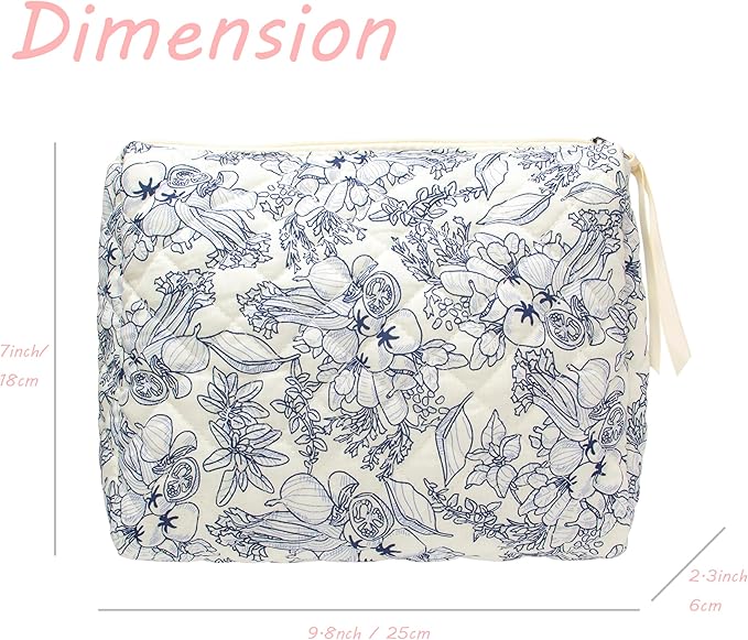 PAZIMIIK Quilted Makeup Bag Large Travel Zipper Soft Cosmetic Pouch for Women Girls Make Up,Jouy Blue