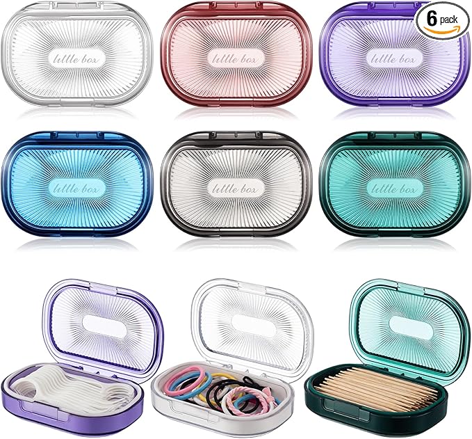 Kigley 6 Pcs Hair Tie Container Small Portable Travel Cotton Swab Holder Dispenser with Lid Plastic Box Storage Containers for Small Items, 3.94 x 2.76 Inch (6 Colors)