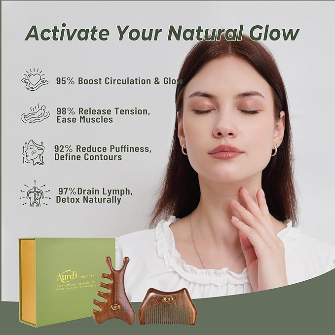 Aurift Mother’s Day Gift for Mom, Relaxation Gifts Set, Wooden Gua Sha Tool Set – Face & Scalp Manual Guasha Massager for Tension Relief, Portable Mini Wooden Massage Comb, Self Care Gift-Ready Box