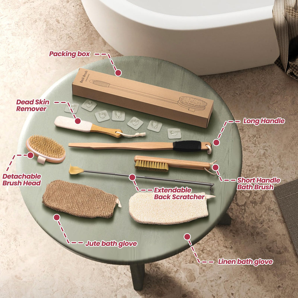 Vafada Wood Bath Brush,Long Handle Body Back Scrubber with Soft and Natural Bristles Antiskid Shower Brush Set for Bathroom Wet or Dry Exfoliating (6 Pack) (20.6'' Long Handle)