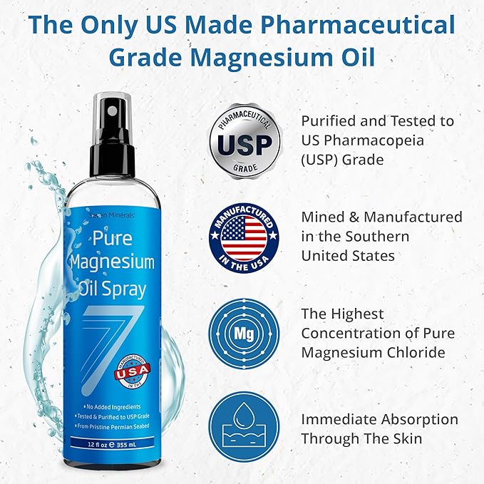 Seven Minerals Magnesium Oil Spray for Sleep, Leg Cramps & Feet, Big 12 oz