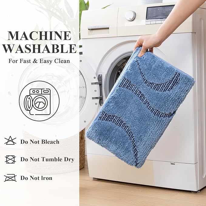 HEBE Bathroom Rugs Sets 5 Piece, Soft Absorbent Microfiber Bath Mat for Bathroom, Non Slip Washable Bath Rug Set with Toilet Cover, Bath Runner and U-Shaped Contour Toilet Rug, Dark Blue