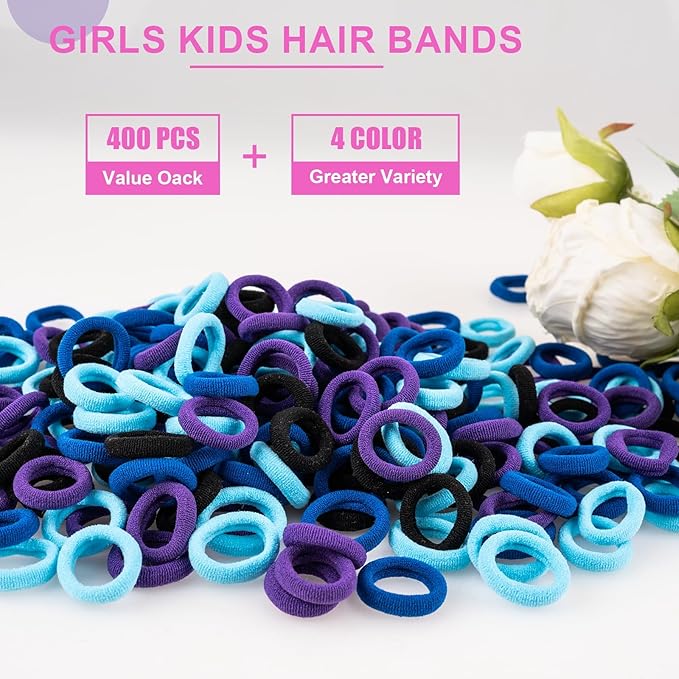 400 PCS Baby Hair Ties – No Damage Elastic Ponytail Holders, Soft Seamless Multicolor Hair Bands for Toddlers and Girls, Baby Hair Accessories (Mixed blue)