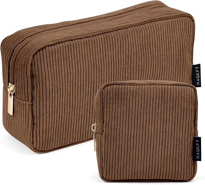 MAGEFY Makeup Bag for Purse, 2 Pcs Corduroy Cosmetic Bag for Girls Women Small Travel Makeup Pouch with Zipper(Brown)